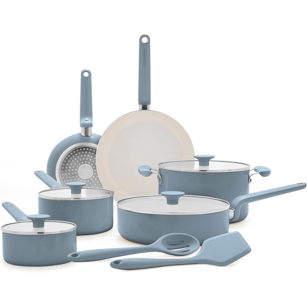 GreenPan Rio Advanced 12 Piece Cookware Set, Ceramic Nonstick PFAS-Free Pots & Pans with Cooking Utensils, Induction Ready, Dishwasher & Oven Safe, Pink(Blue)