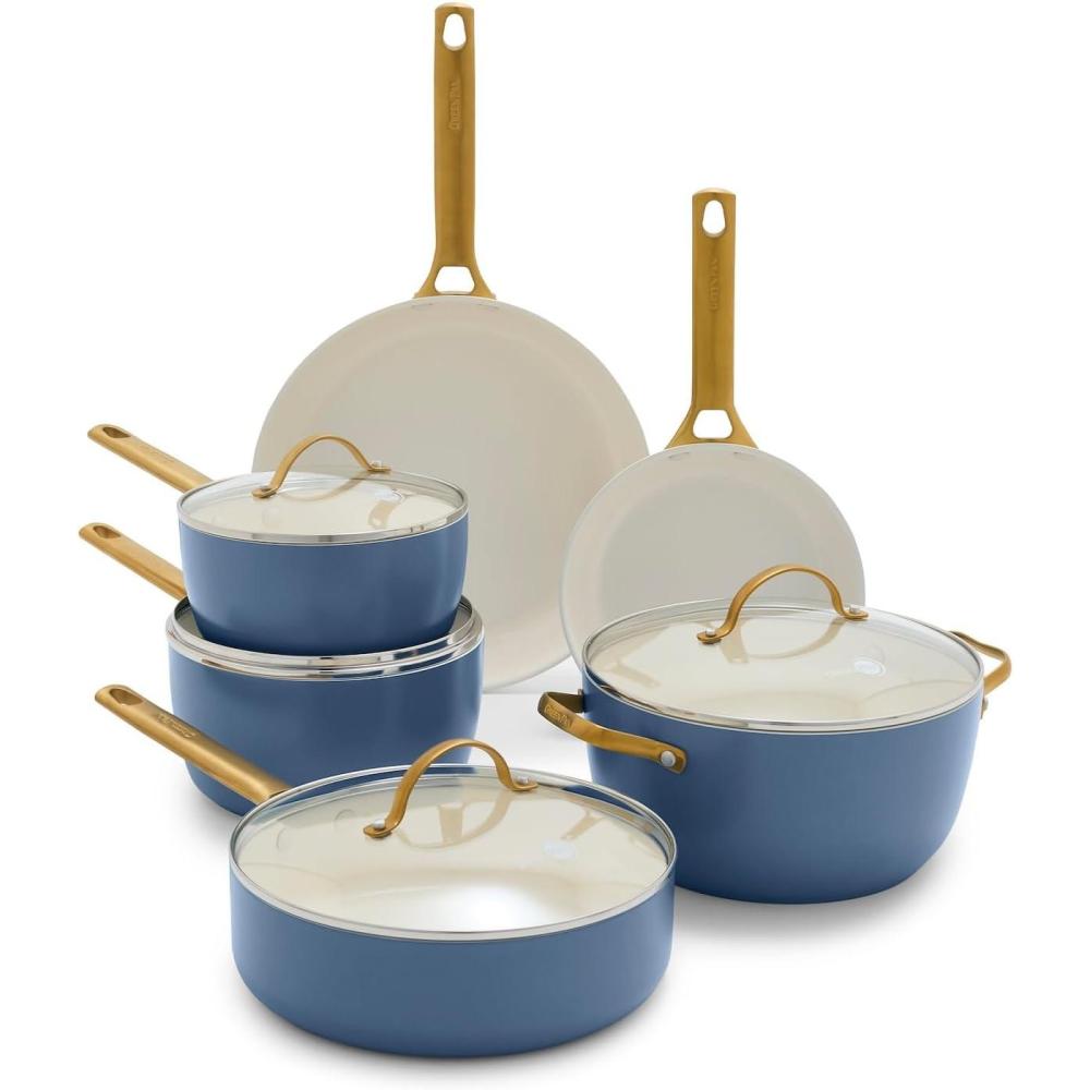 GreenPan Hard Anodized Healthy Ceramic Nonstick 10 Piece Cookware Pots and Pans Set, Gold-Tone Stainless Steel Handles, PFAS & PFOA-Free, Dishwasher Safe, Oven & Broiler Safe, Sage Green(Ocean Blue)