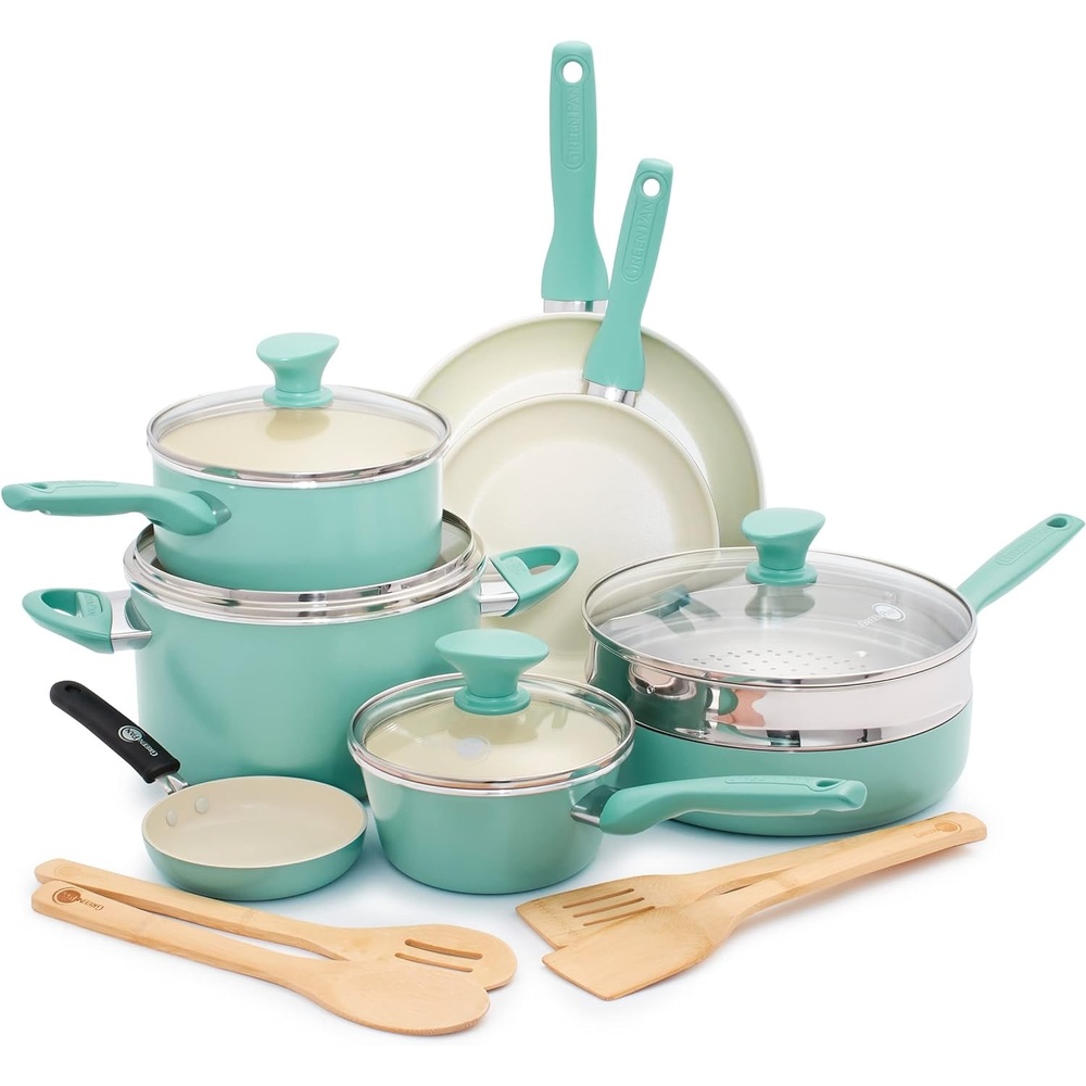 GreenPan Rio Advanced 12 Piece Cookware Set, Ceramic Nonstick PFAS-Free Pots & Pans with Cooking Utensils, Induction Ready, Dishwasher & Oven Safe, Pink(Turquoise)