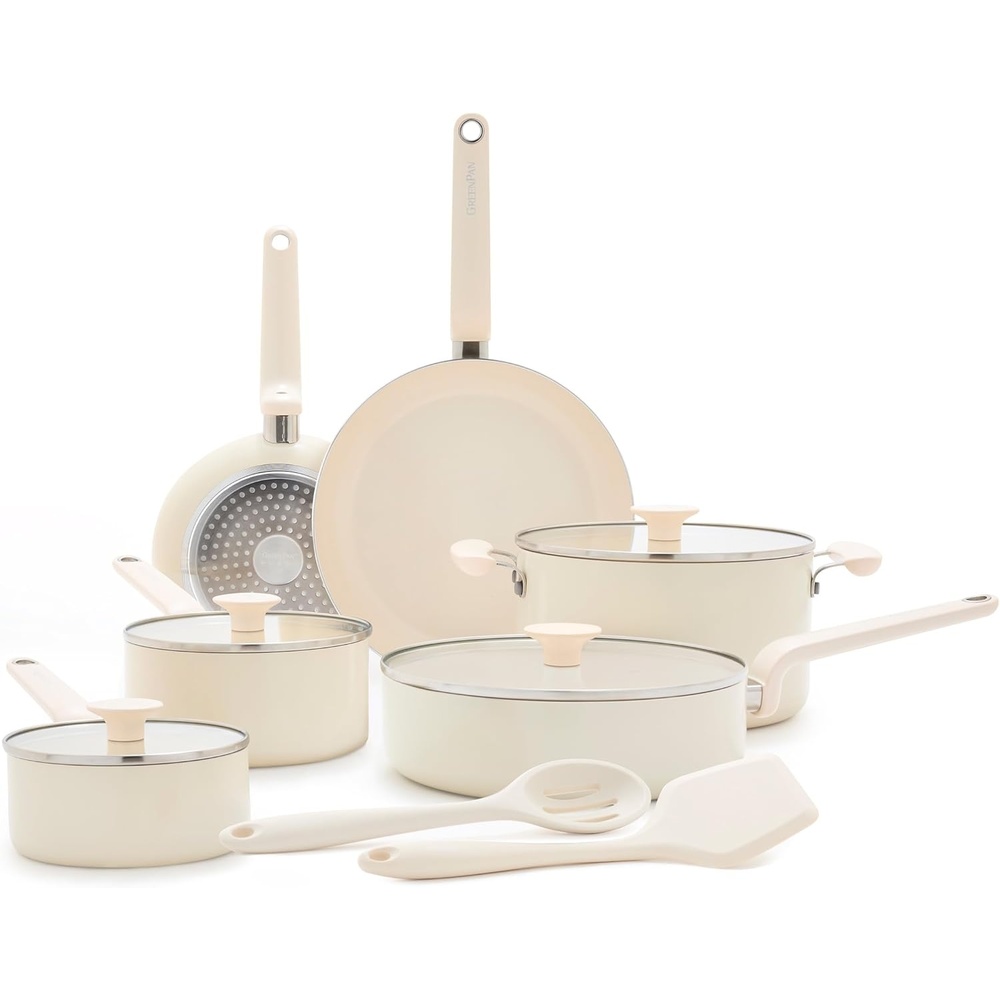 GreenPan Rio Advanced 12 Piece Cookware Set, Ceramic Nonstick PFAS-Free Pots & Pans with Cooking Utensils, Induction Ready, Dishwasher & Oven Safe, Pink(Cream White)