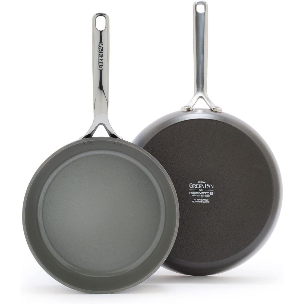 GreenPan GP5 Hard Anodized Healthy Ceramic Nonstick 9.5 & 11 2 Piece Frying Pan Skillet Set,Heavy Gauge Scratch Resistant,Stay-Flat Surface, Induction, Mirror Finish Handle,Oven Safe,PFAS-Free,Taupe(Cocoa)