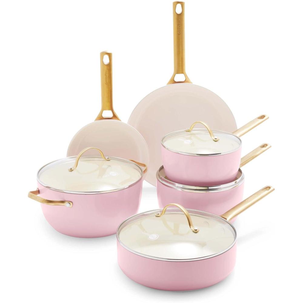 GreenPan Hard Anodized Healthy Ceramic Nonstick 10 Piece Cookware Pots and Pans Set, Gold-Tone Stainless Steel Handles, PFAS & PFOA-Free, Dishwasher Safe, Oven & Broiler Safe, Sage Green(Blush Pink)