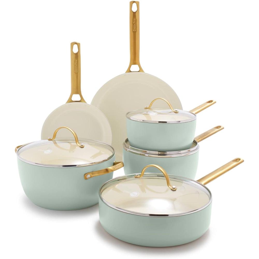 GreenPan Hard Anodized Healthy Ceramic Nonstick 10 Piece Cookware Pots and Pans Set, Gold-Tone Stainless Steel Handles, PFAS & PFOA-Free, Dishwasher Safe, Oven & Broiler Safe, Sage Green(Julep Green)