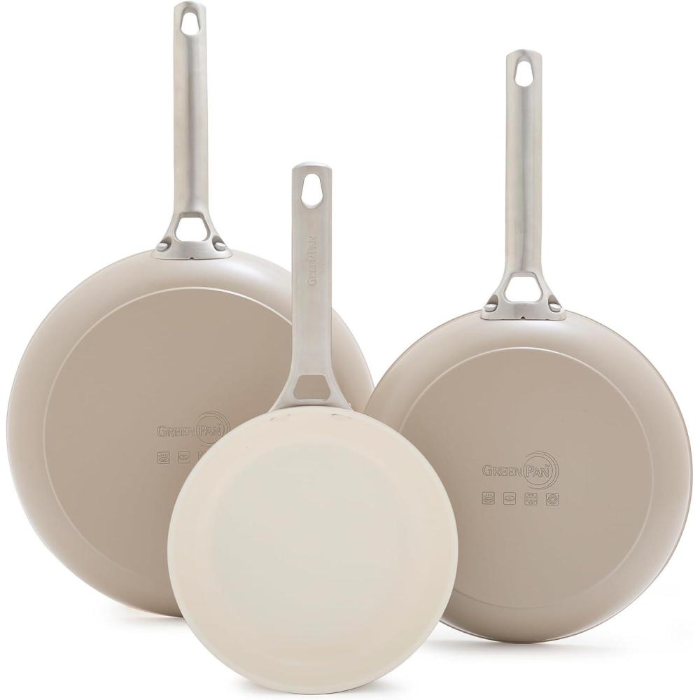 GreenPan Hard Anodized Healthy Ceramic Nonstick, 8″ 10″ and 12″ 3 Piece Frying Pan Skillet Set, Gold Handle, PFAS-Free, Dishwasher Safe, Oven Safe, Sage(Clay)