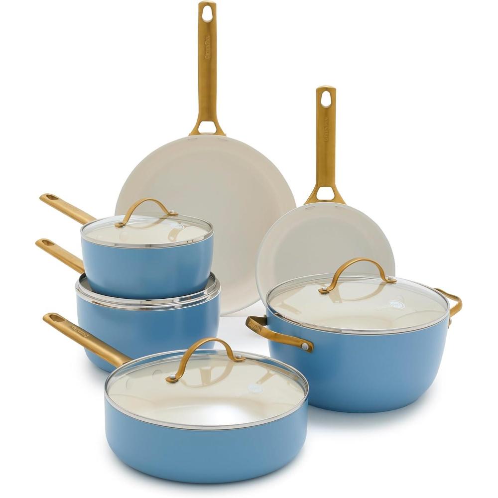 GreenPan Hard Anodized Healthy Ceramic Nonstick 10 Piece Cookware Pots and Pans Set, Gold-Tone Stainless Steel Handles, PFAS & PFOA-Free, Dishwasher Safe, Oven & Broiler Safe, Sage Green(Sky Blue)