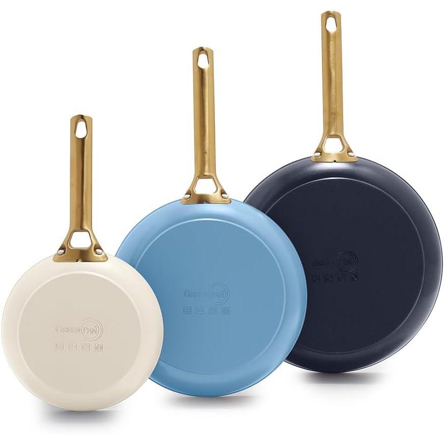 GreenPan Hard Anodized Healthy Ceramic Nonstick 8″ 10″ & 12″ 3 Piece Frying Pan Skillet Set, Gold Handle, PFAS-Free, Dishwasher Safe, Oven Safe, Cream White(Mixed)