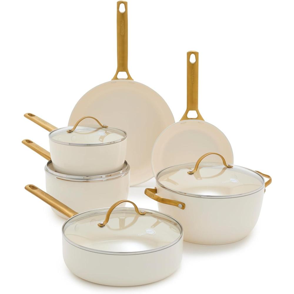 GreenPan Hard Anodized Healthy Ceramic Nonstick 10 Piece Cookware Pots and Pans Set, Gold-Tone Stainless Steel Handles, PFAS & PFOA-Free, Dishwasher Safe, Oven & Broiler Safe, Sage Green(Cream White)