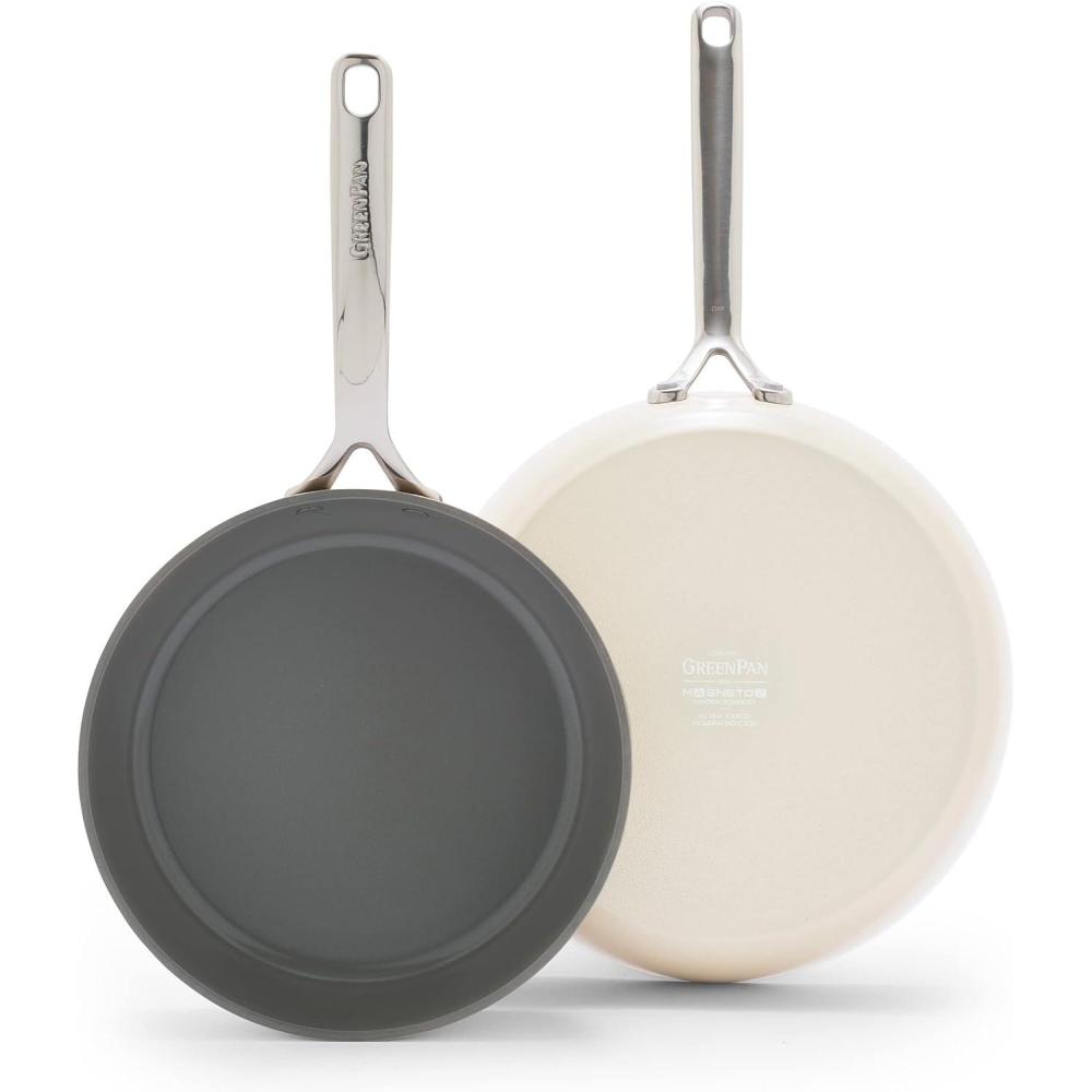 GreenPan GP5 Hard Anodized Healthy Ceramic Nonstick 9.5 & 11 2 Piece Frying Pan Skillet Set,Heavy Gauge Scratch Resistant,Stay-Flat Surface, Induction, Mirror Finish Handle,Oven Safe,PFAS-Free,Taupe(Cream)
