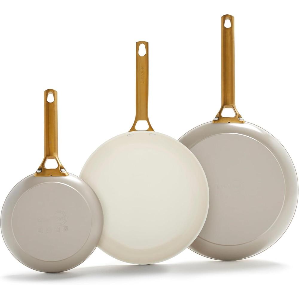 GreenPan Hard Anodized Healthy Ceramic Nonstick, 8″ 10″ and 12″ 3 Piece Frying Pan Skillet Set, Gold Handle, PFAS-Free, Dishwasher Safe, Oven Safe, Sage(Taupe)