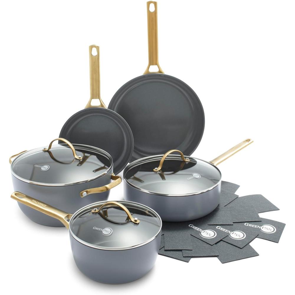 GreenPan Hard Anodized Healthy Ceramic Nonstick 10 Piece Cookware Pots and Pans Set, Gold-Tone Stainless Steel Handles, PFAS & PFOA-Free, Dishwasher Safe, Oven & Broiler Safe, Sage Green(Charcoal)