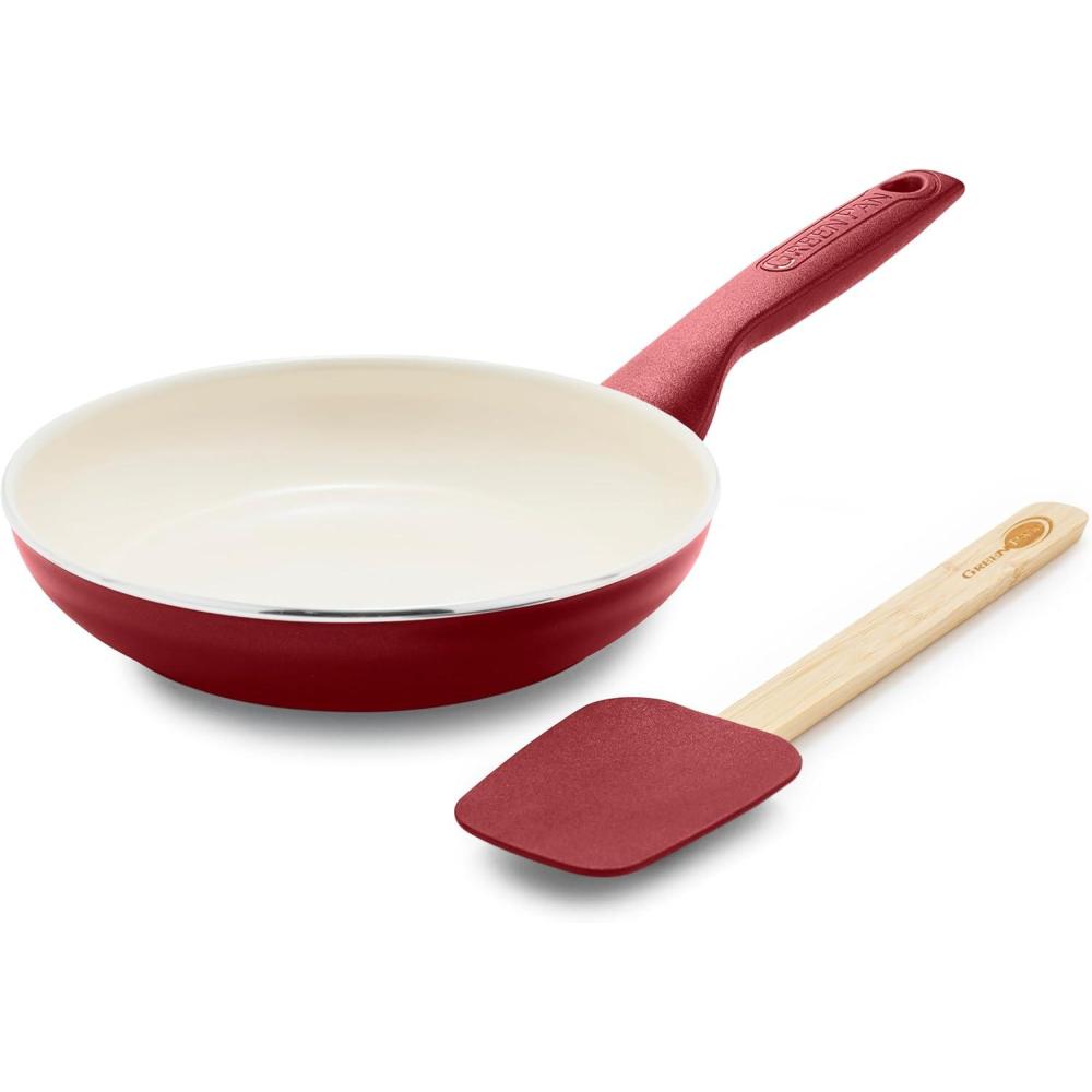 GreenPan Rio Healthy Ceramic Nonstick 8″ Frying Pan Skillet and Silicone Spatula Set, Soft Grip Handle, Breaktfast Meal Set, PFAS-Free, Dishwasher Safe, Oven Safe, Oxford Blue(Red)