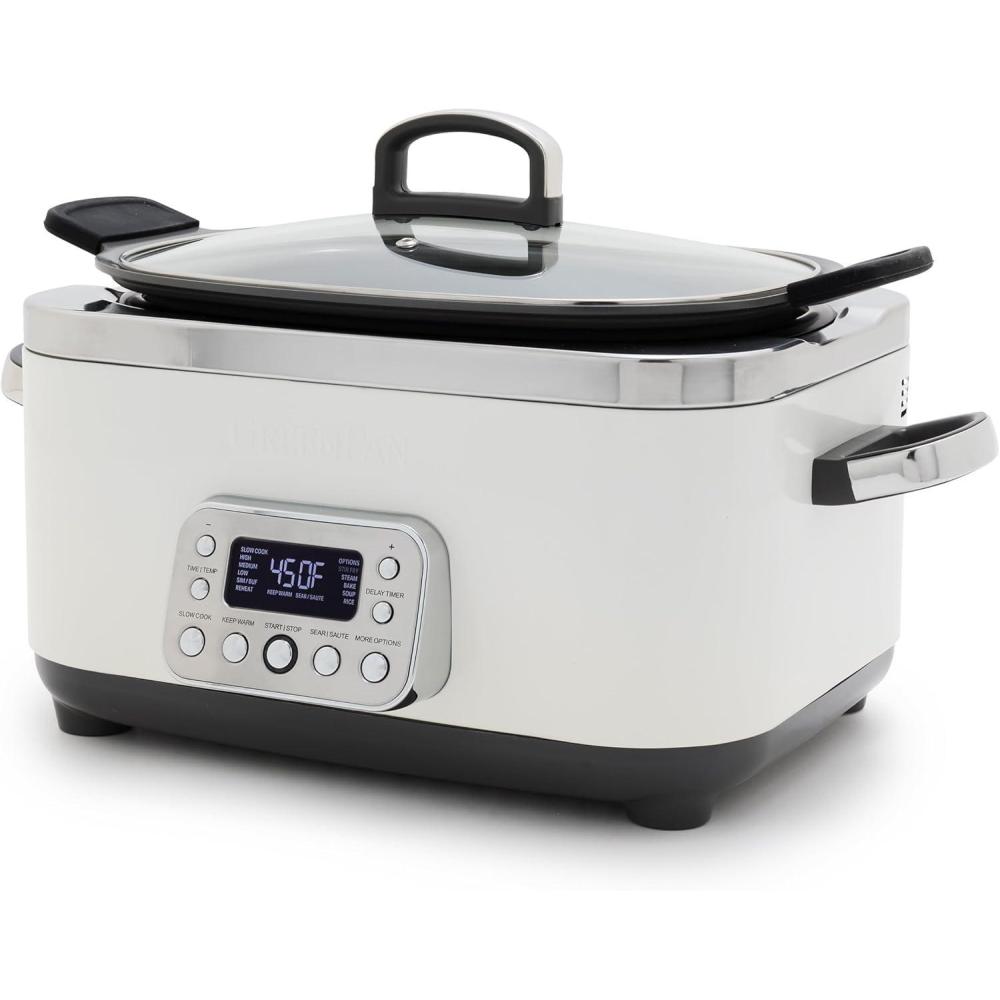 GreenPan Elite 14-in-1 Nonstick 6QT Electric Slow Cooker, PFAS-Free Ceramic Multi-Cooker, In-Pot Browning, Dishwasher Safe Lid & Removable Crock, Stainless Steel Steamer, Silicone Handles, Black(Cream White)