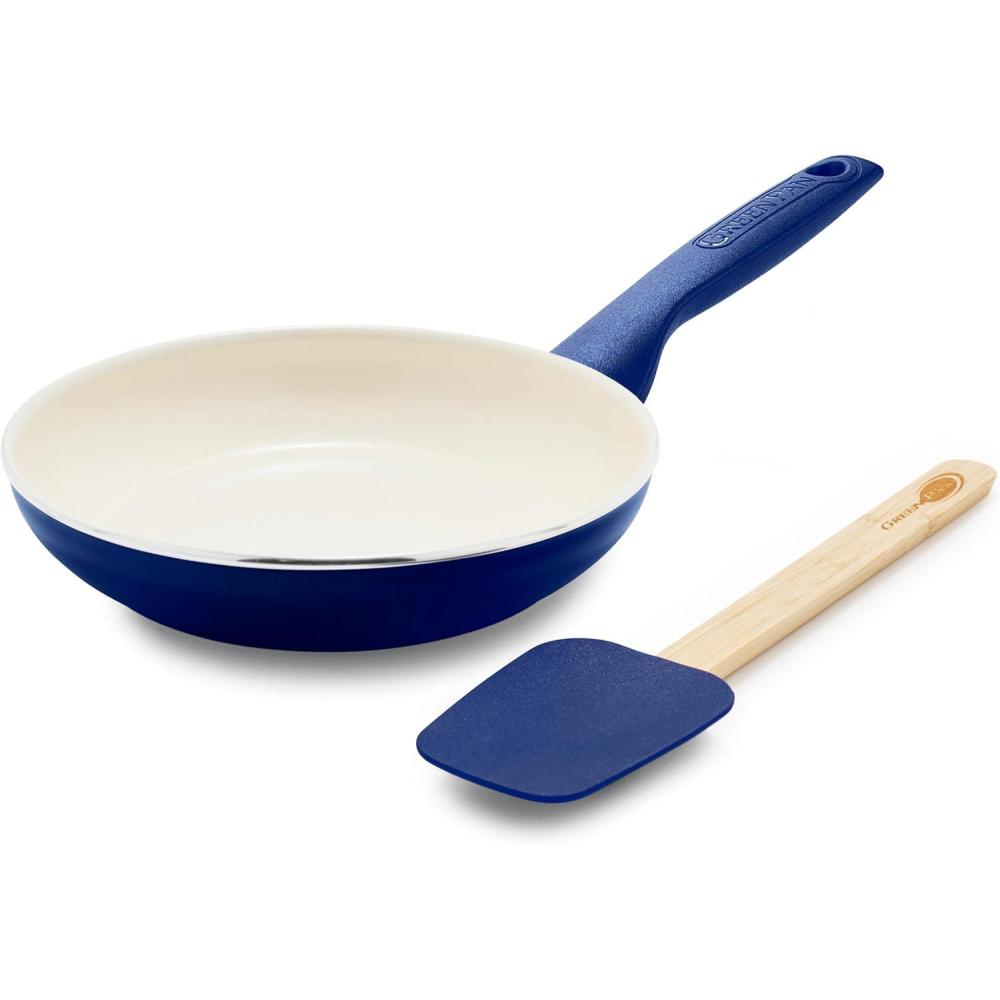 GreenPan Rio Healthy Ceramic Nonstick 8″ Frying Pan Skillet and Silicone Spatula Set, Soft Grip Handle, Breaktfast Meal Set, PFAS-Free, Dishwasher Safe, Oven Safe, Oxford Blue(Oxford Blue)