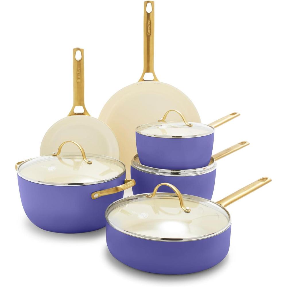 GreenPan Hard Anodized Healthy Ceramic Nonstick 10 Piece Cookware Pots and Pans Set, Gold-Tone Stainless Steel Handles, PFAS & PFOA-Free, Dishwasher Safe, Oven & Broiler Safe, Sage Green(Periwinkle)