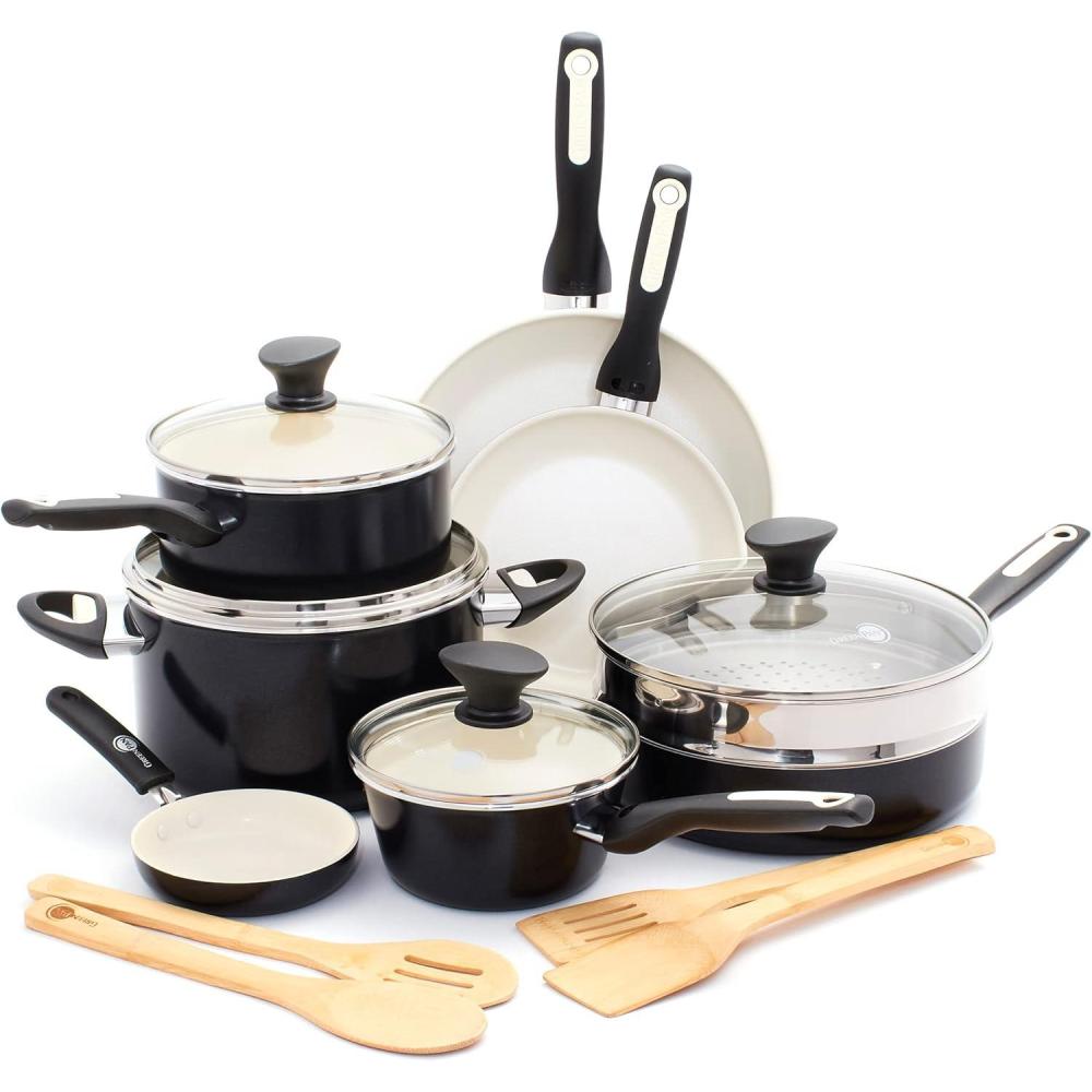 GreenPan Rio 16 Piece Cookware Pots and Pans Set, Hard Anodized Healthy Ceramic Nonstick PFAS-Free, Bakelite Handles, Frypans, Saucepan, Saute Pan, Stock Pot, Kitchen Tools, Dishwasher Safe, Black(Black)