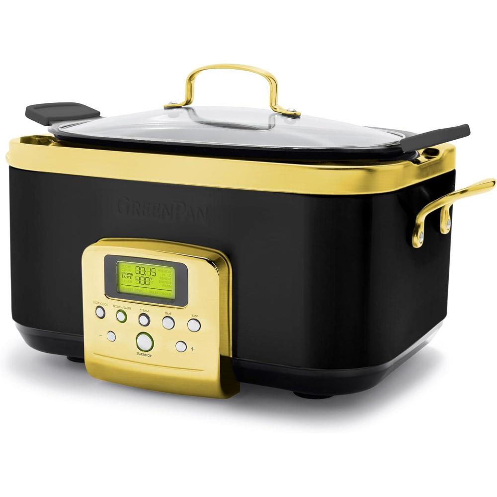 GreenPan Elite 8-in-1 Programmable 6QT Electric Slow Cooker, Dishwasher Safe Lid & Removable Crock, PFAS-Free Healthy Ceramic Nonstick Multi-Cooker, Sear, Sauté, Brown, Steam Basket, Roast, Gold(Gold)