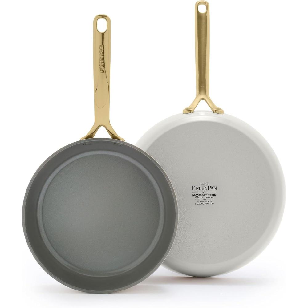 GreenPan GP5 Hard Anodized Healthy Ceramic Nonstick 9.5 & 11 2 Piece Frying Pan Skillet Set,Heavy Gauge Scratch Resistant,Stay-Flat Surface, Induction, Mirror Finish Handle,Oven Safe,PFAS-Free,Taupe(Clay)
