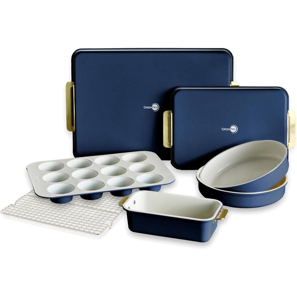 GreenPan Bakeware Set, 7 Piece Nonstick Ceramic Gold Handle Baking Sheets, Cake Pans, Loaf Pan, Muffin Tin, Cooling Rack, PFAS & BPA Free, Freezer to Oven Dish, Bake & Roast Ovenware, Sage Green(Oxford Blue)