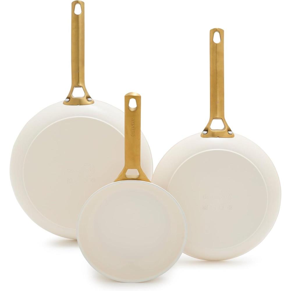 GreenPan Hard Anodized Healthy Ceramic Nonstick 8″ 10″ & 12″ 3 Piece Frying Pan Skillet Set, Gold Handle, PFAS-Free, Dishwasher Safe, Oven Safe, Cream White(Cream White)