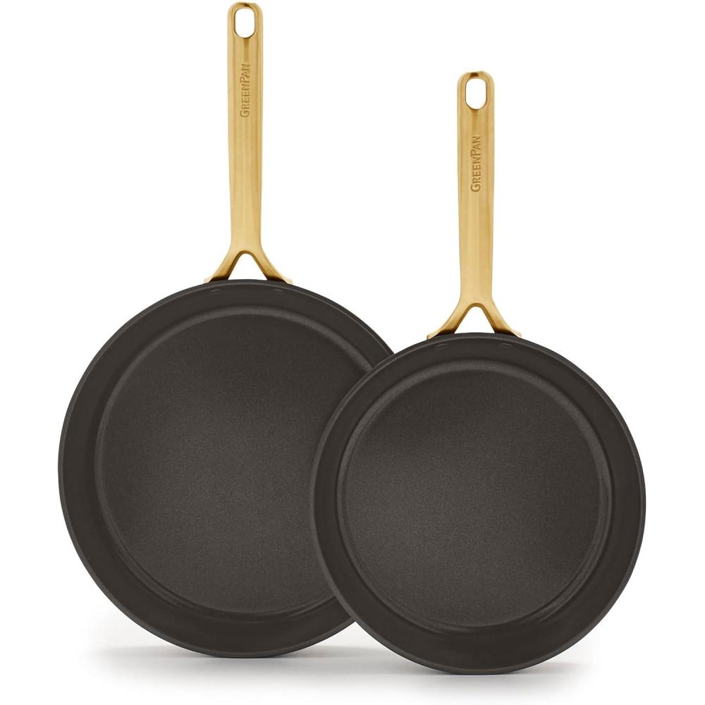GreenPan GP5 Hard Anodized Healthy Ceramic Nonstick 9.5 & 11 2 Piece Frying Pan Skillet Set,Heavy Gauge Scratch Resistant,Stay-Flat Surface, Induction, Mirror Finish Handle,Oven Safe,PFAS-Free,Taupe(Black)