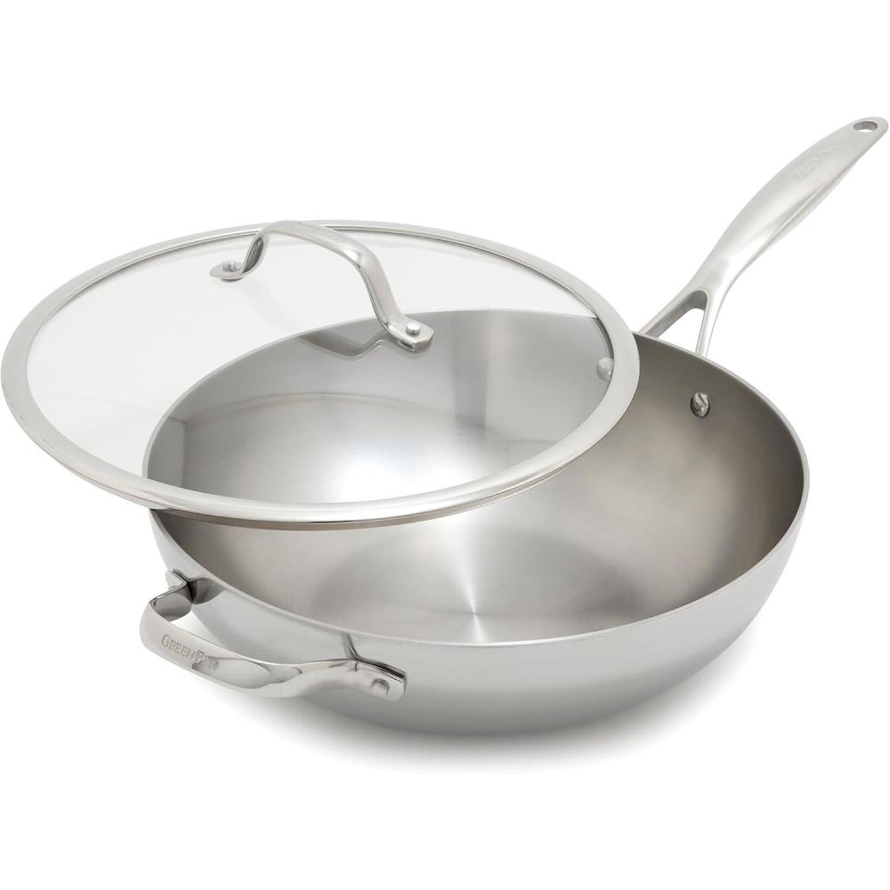 GreenPan Valencia Pro Tri-Ply Stainless Steel 12 Wok with Lid, Ceramic Nonstick PFAS-Free Coating, Multi Clad Cookware, Induction, Dishwasher Safe, Oven and Broiler Safe(Stainless Steel)