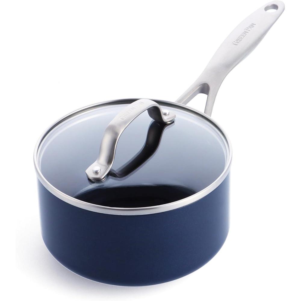 GreenPan Valencia Pro Hard Anodized Healthy Ceramic Nonstick 1.66QT and 3.3QT Saucepan Pot Set with Lids, PFAS-Free, Induction, Dishwasher and Oven Safe, Gray(Blue)