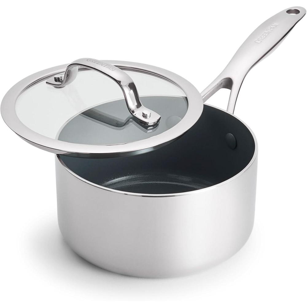 GreenPan Valencia Pro Tri-Ply Stainless Steel 1.5QT Saucepan with Lid, Ceramic Nonstick PFAS-Free, Multi Clad Cookware, Induction, Dishwasher Oven and Broiler Safe(Coated Stainless Steel)