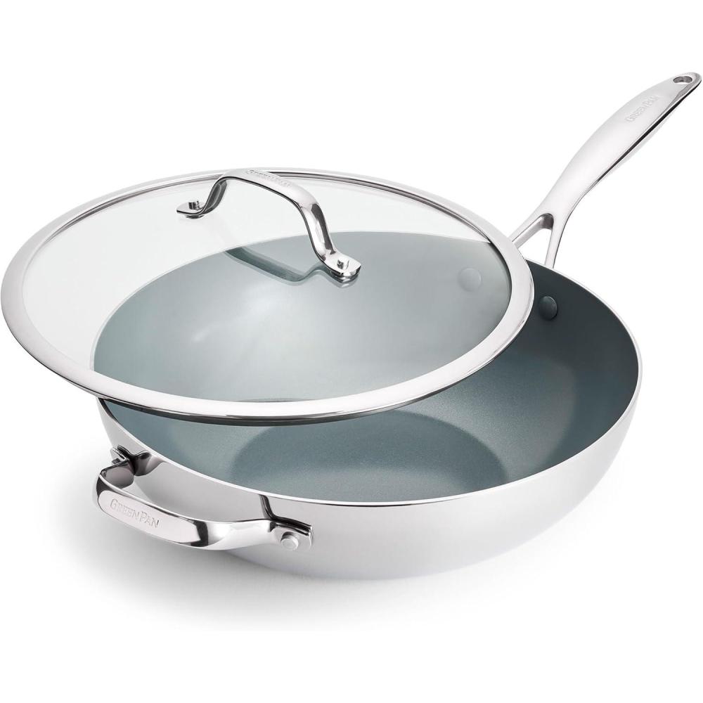 GreenPan Valencia Pro Tri-Ply Stainless Steel 12 Wok with Lid, Ceramic Nonstick PFAS-Free Coating, Multi Clad Cookware, Induction, Dishwasher Safe, Oven and Broiler Safe(Coated Stainless Steel)