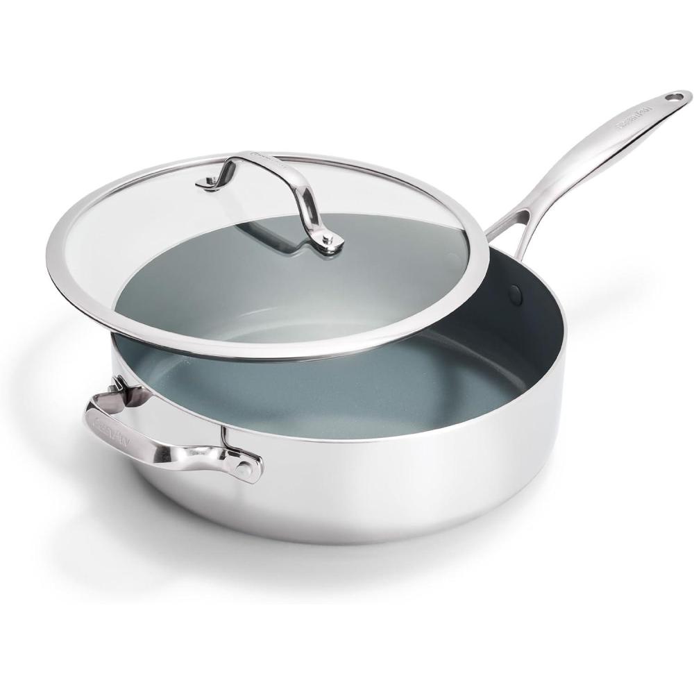 GreenPan Valencia Pro Tri-Ply Stainless Steel 5QT Sauté Pan with Lid, Ceramic Nonstick PFAS-Free Coating, Multi Clad Cookware, Induction, Dishwasher Oven and Broiler Safe(Coated Stainless Steel)