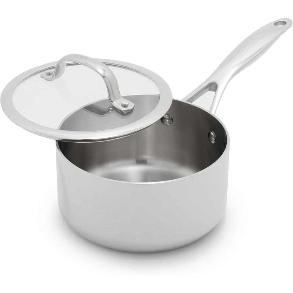 GreenPan Valencia Pro Tri-Ply Stainless Steel 1.5QT Saucepan with Lid, Ceramic Nonstick PFAS-Free, Multi Clad Cookware, Induction, Dishwasher Oven and Broiler Safe(Stainless Steel)