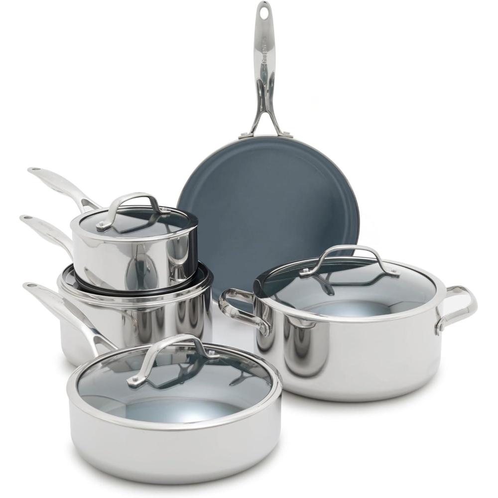 GreenPan Valencia Pro Tri-Ply Stainless Steel 9 Piece Cookware Set, PFAS-Free Ceramic Nonstick Coating, Induction Ready Pots & Pans, All Cooktops, Dishwasher & Oven Safe to 600F(9 Piece Cookware Set)