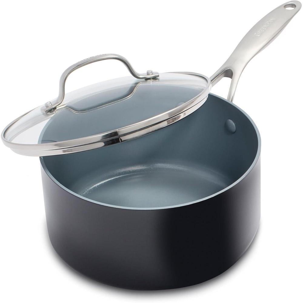 GreenPan Valencia Pro Hard Anodized Healthy Ceramic Nonstick 1.66QT and 3.3QT Saucepan Pot Set with Lids, PFAS-Free, Induction, Dishwasher and Oven Safe, Gray(Gray)