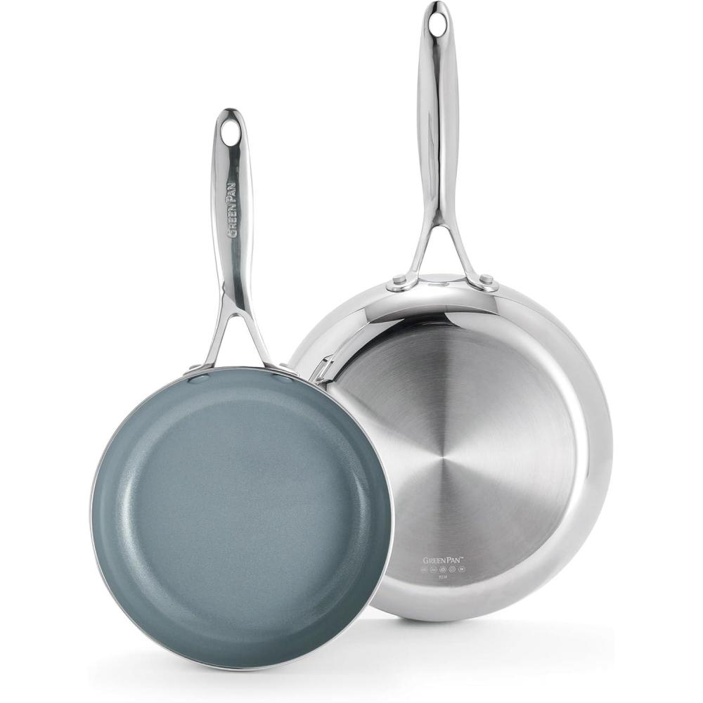 GreenPan Valencia Pro Stainless Steel 10 Piece Cookware Pots and Pans Set, Induction Suitable Mirrored Tri-Ply, Ceramic Nonstick PFAS-Free Coating, Multi Clad, Dishwasher Oven & Broiler Safe(Coated Stainless Steel)