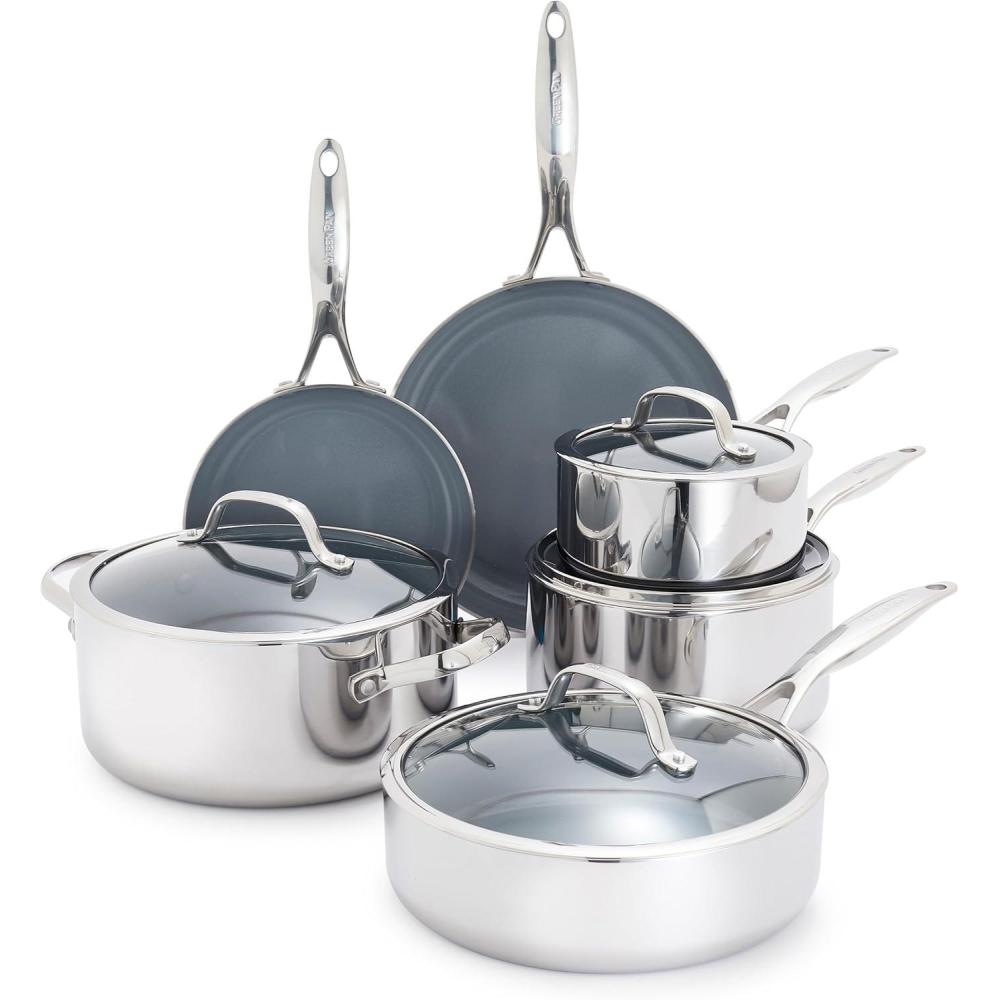 GreenPan Valencia Pro Tri-Ply Stainless Steel 9 Piece Cookware Set, PFAS-Free Ceramic Nonstick Coating, Induction Ready Pots & Pans, All Cooktops, Dishwasher & Oven Safe to 600F(10 Piece Cookware Set)