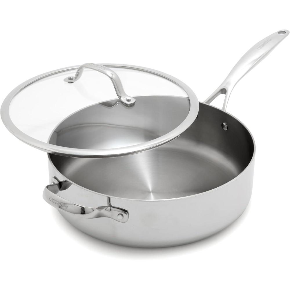 GreenPan Valencia Pro Tri-Ply Stainless Steel 5QT Sauté Pan with Lid, Ceramic Nonstick PFAS-Free Coating, Multi Clad Cookware, Induction, Dishwasher Oven and Broiler Safe(Stainless Steel)