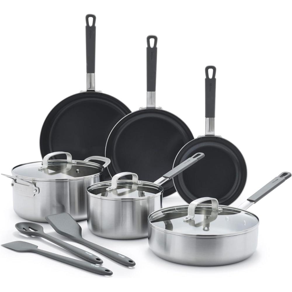 GreenPan x Bobby Flay Stainless Steel 12 Piece Cookware Pots & Pans Set, Professional Grade Tri-Ply, Multiclad, PFAS-Free Ceramic Nonstick, Induction Suitable, Dishwasher & Oven Safe,Stay Cool Handles(Stainless Steel)