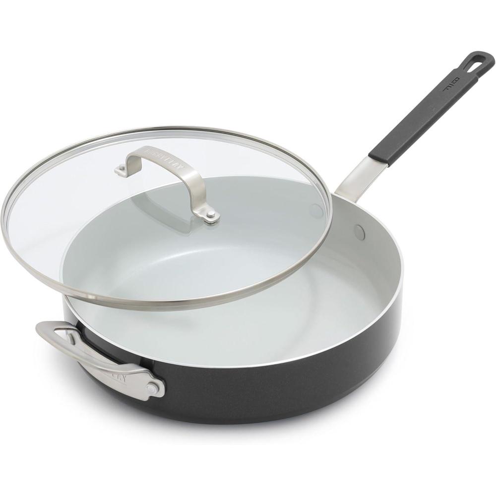 GreenPan x Bobby Flay 4.5QT Nonstick Saute Pan with Glass Lid, PFAS-Free Diamond Ceramic, Induction Suitable, Stay-Cool Silicone Handle, Easy Clean Dishwasher & Oven Safe, Cream(Graphite)