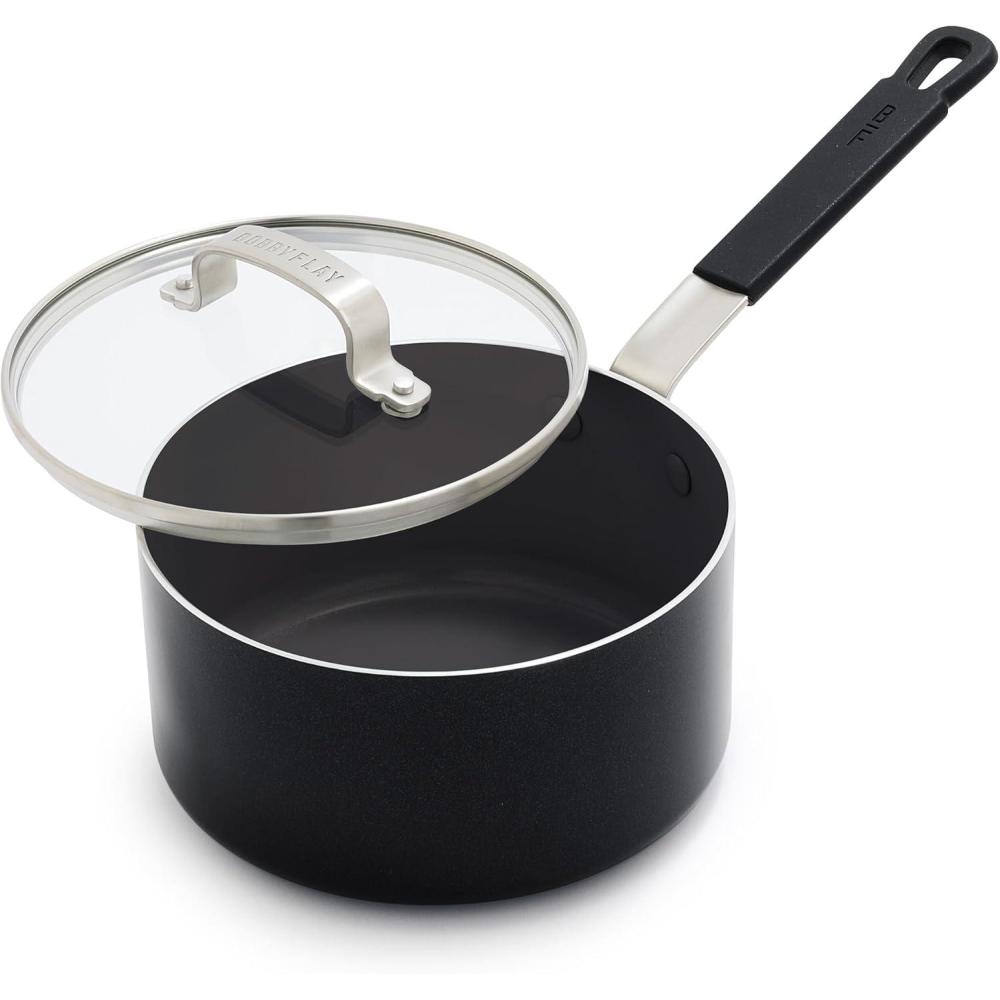 GreenPan x Bobby Flay 2.5QT Nonstick Saucepan with Glass Lid, PFAS-Free Diamond Ceramic, Induction Suitable, Stay-Cool Silicone Handle, Easy Clean Dishwasher & Oven Safe, Chef Pan, Cream(Black)