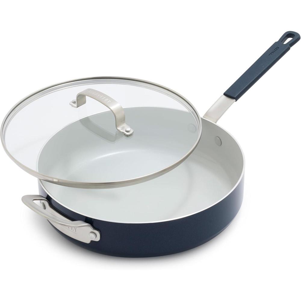 GreenPan x Bobby Flay 4.5QT Nonstick Saute Pan with Glass Lid, PFAS-Free Diamond Ceramic, Induction Suitable, Stay-Cool Silicone Handle, Easy Clean Dishwasher & Oven Safe, Cream(Oxford Blue)