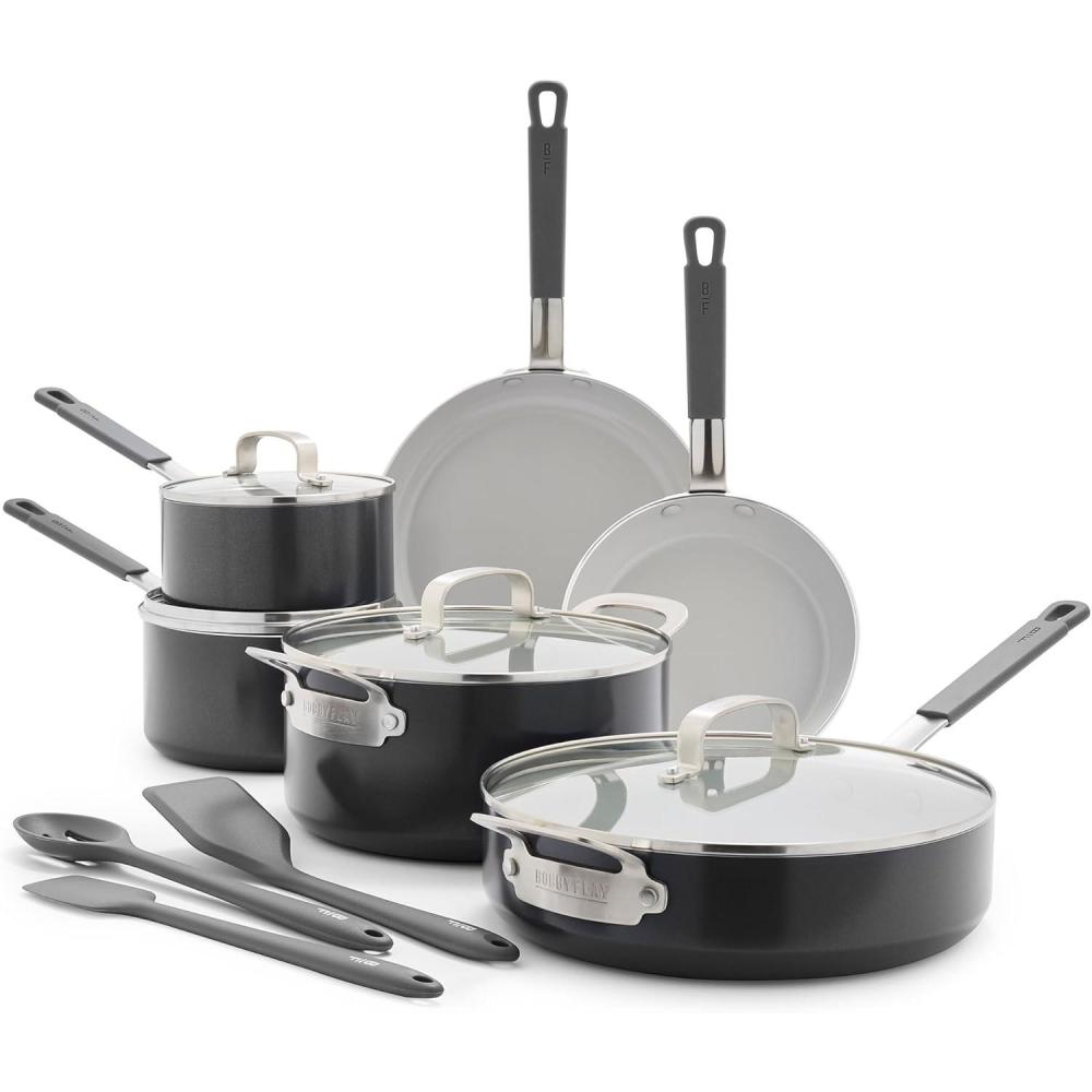 GreenPan x Bobby Flay 13 Piece Nonstick Cookware Pots and Pans Set, PFAS-Free Diamond Ceramic, Induction Suitable, Easy Clean Dishwasher & Oven Safe, Stay-Cool Silicone Handles, Glass Lids, Black(Graphite)
