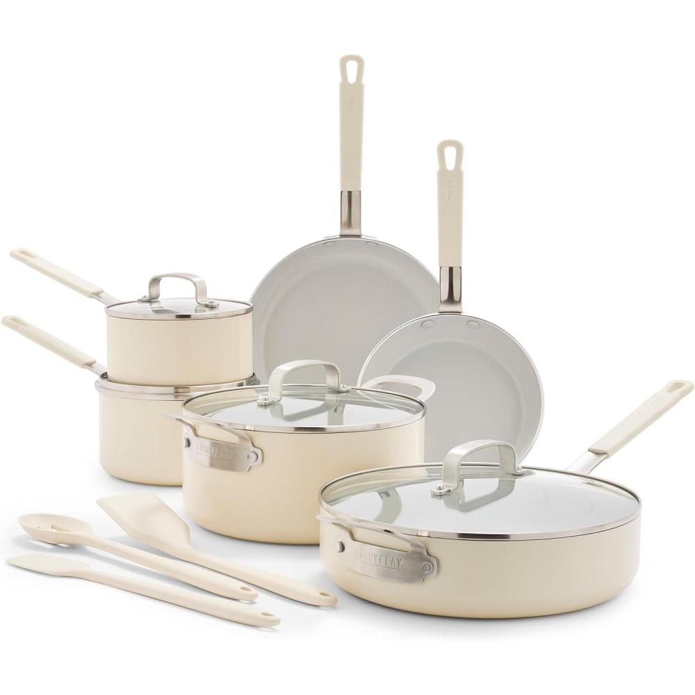 GreenPan x Bobby Flay 13 Piece Nonstick Cookware Pots and Pans Set, PFAS-Free Diamond Ceramic, Induction Suitable, Easy Clean Dishwasher & Oven Safe, Stay-Cool Silicone Handles, Glass Lids, Black(Cream)