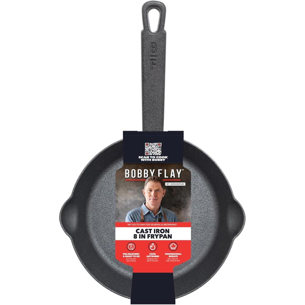 GreenPan x Bobby Flay Cast Iron Skillet Set, 8 &10 Pre-Seasoned Frying Pans, Pour Spouts, Induction Compatible, Oven, Grill, Indoor/Outdoor, Durable, Black(Black)