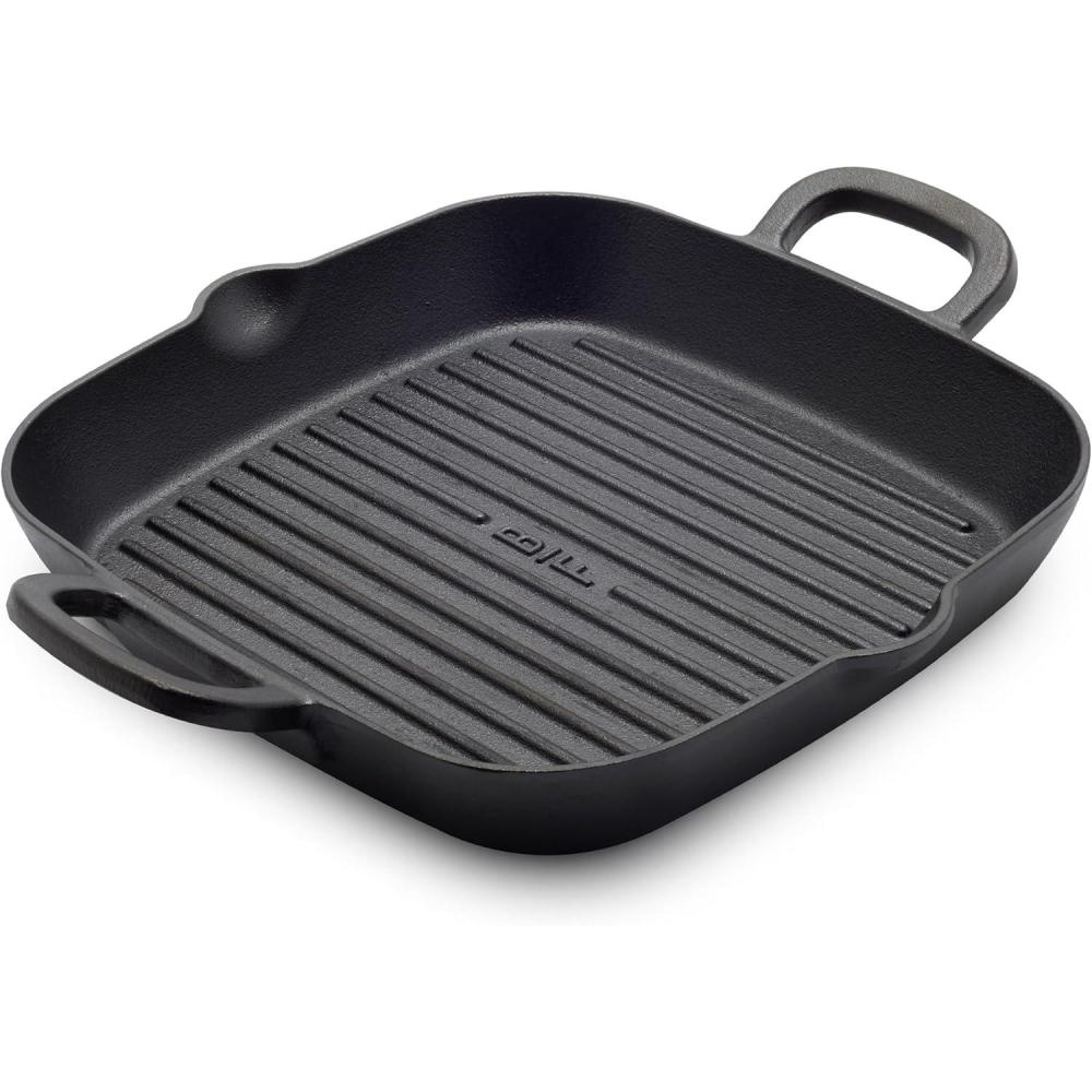 GreenPan x Bobby Flay Cast Iron 11 Square Grill Pan, Pre-Seasoned Professional Grade Heavy Duty Skillet, Helper Handles, Induction Suitable, Stovetop, Oven, BBQ & Fire, Indoor & Outdoor Use, Black(Black)