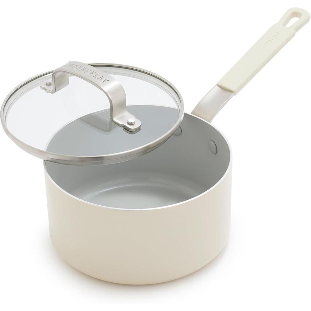 GreenPan x Bobby Flay 2.5QT Nonstick Saucepan with Glass Lid, PFAS-Free Diamond Ceramic, Induction Suitable, Stay-Cool Silicone Handle, Easy Clean Dishwasher & Oven Safe, Chef Pan, Cream(Cream)