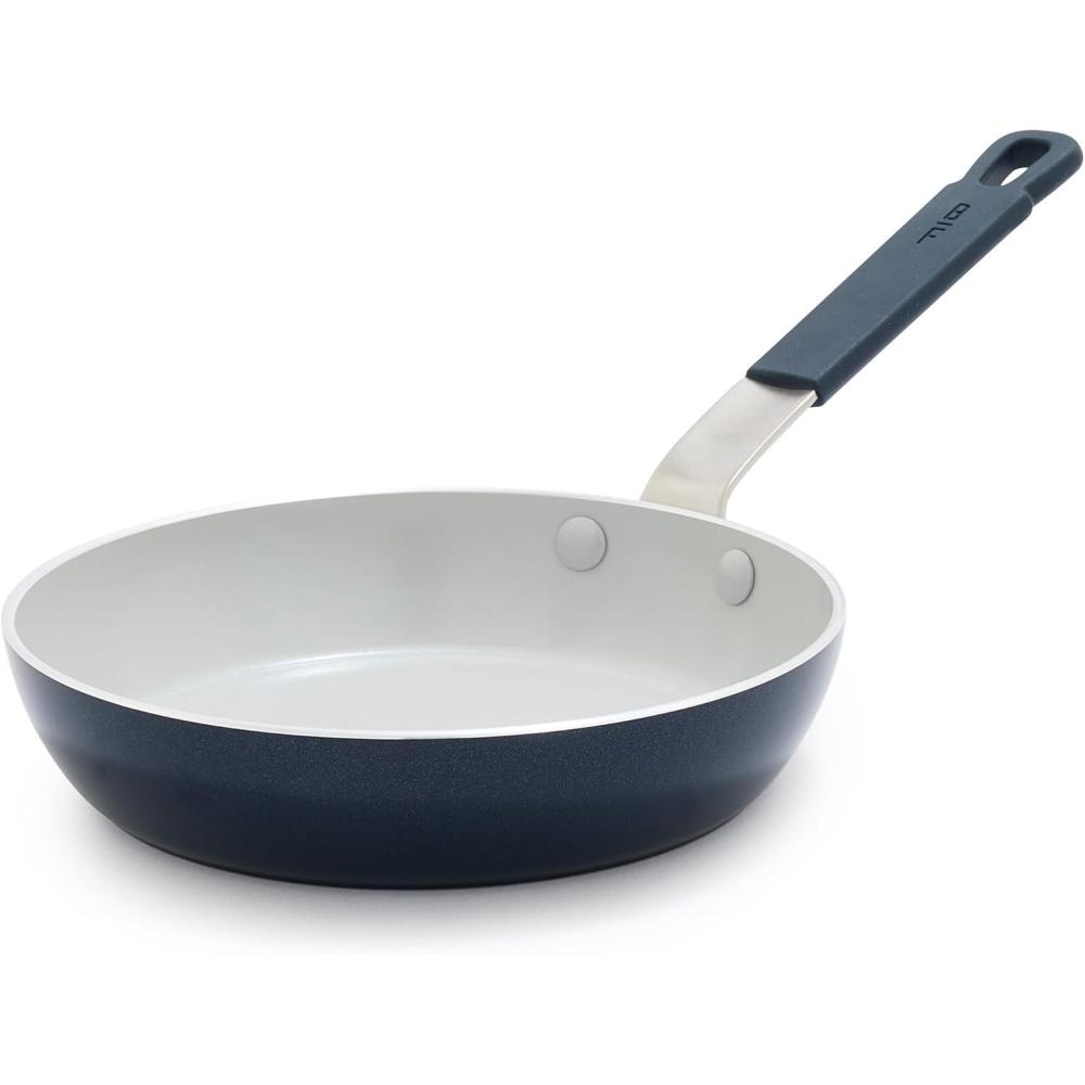 GreenPan x Bobby Flay 2 Piece- 8 and 10 Nonstick Frying Pan Skillet Set, PFAS-Free Diamond Ceramic, Induction Suitable, Stay-Cool Silicone Handle, Easy Clean Dishwasher & Oven Safe, Cream(Oxford Blue)