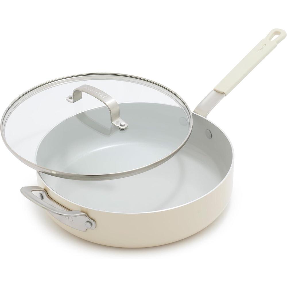 GreenPan x Bobby Flay 4.5QT Nonstick Saute Pan with Glass Lid, PFAS-Free Diamond Ceramic, Induction Suitable, Stay-Cool Silicone Handle, Easy Clean Dishwasher & Oven Safe, Cream(Cream)