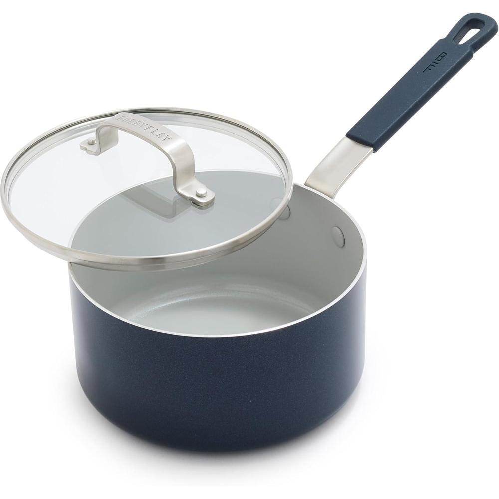 GreenPan x Bobby Flay 2.5QT Nonstick Saucepan with Glass Lid, PFAS-Free Diamond Ceramic, Induction Suitable, Stay-Cool Silicone Handle, Easy Clean Dishwasher & Oven Safe, Chef Pan, Cream(Oxford Blue)