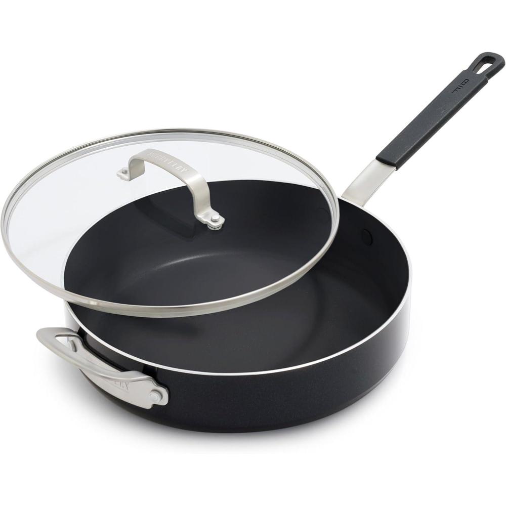 GreenPan x Bobby Flay 4.5QT Nonstick Saute Pan with Glass Lid, PFAS-Free Diamond Ceramic, Induction Suitable, Stay-Cool Silicone Handle, Easy Clean Dishwasher & Oven Safe, Cream(Black)