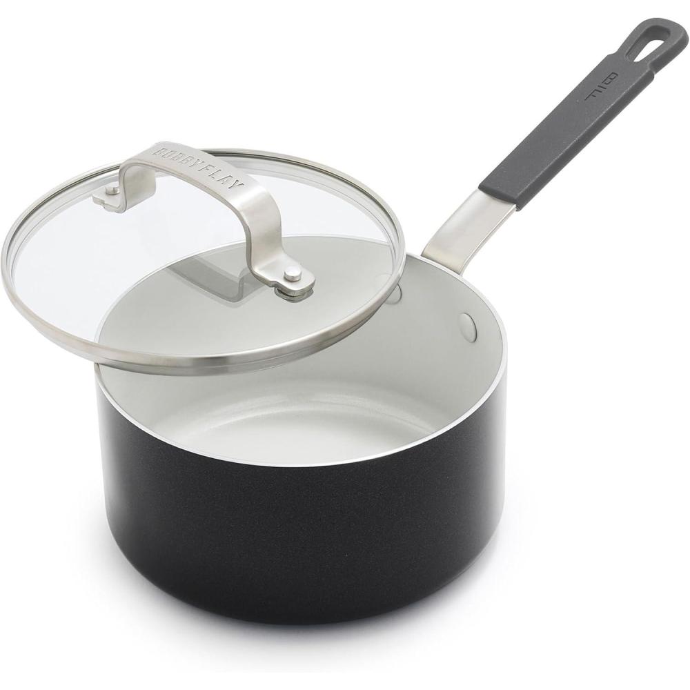 GreenPan x Bobby Flay 2.5QT Nonstick Saucepan with Glass Lid, PFAS-Free Diamond Ceramic, Induction Suitable, Stay-Cool Silicone Handle, Easy Clean Dishwasher & Oven Safe, Chef Pan, Cream(Graphite)