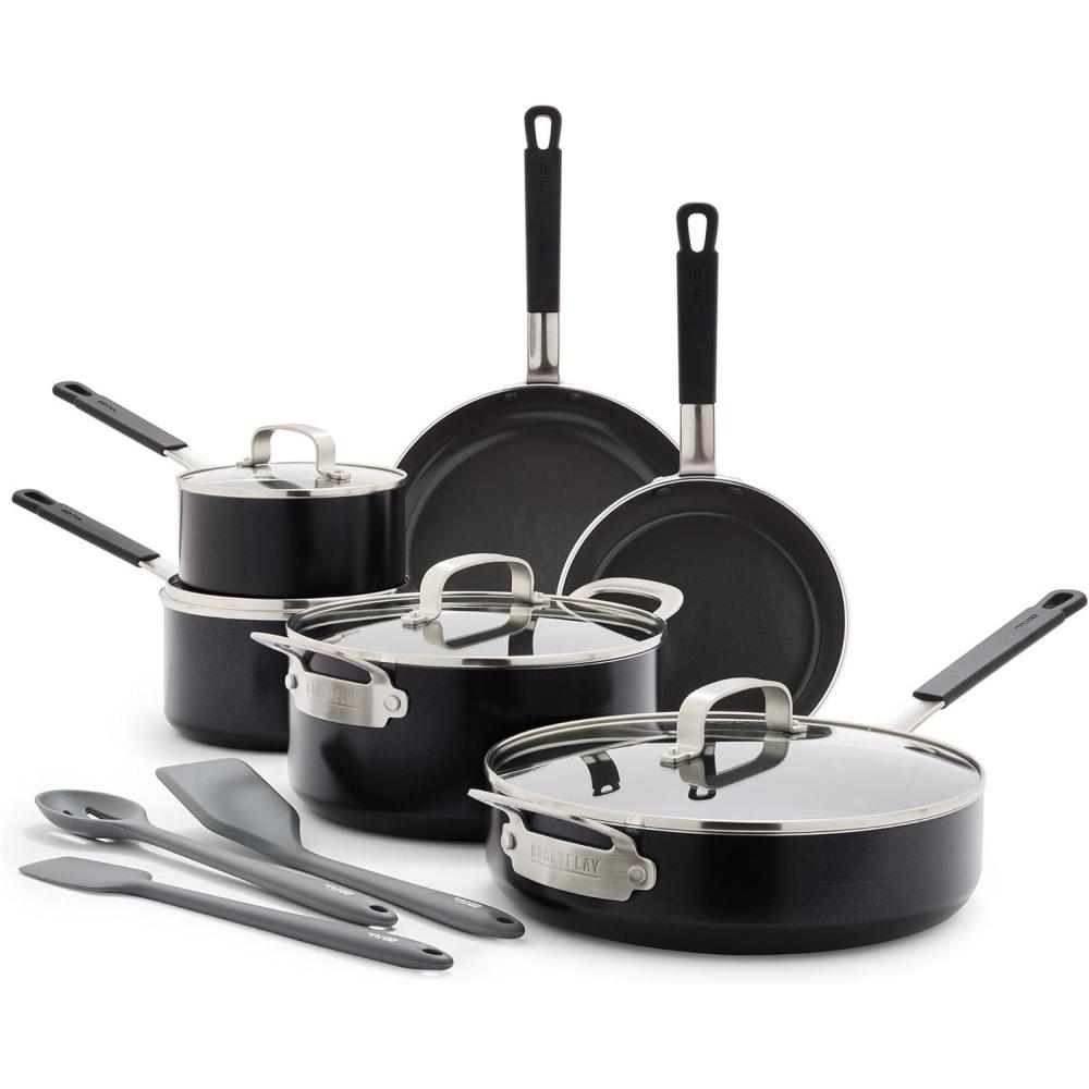 GreenPan x Bobby Flay 13 Piece Nonstick Cookware Pots and Pans Set, PFAS-Free Diamond Ceramic, Induction Suitable, Easy Clean Dishwasher & Oven Safe, Stay-Cool Silicone Handles, Glass Lids, Black(Black)